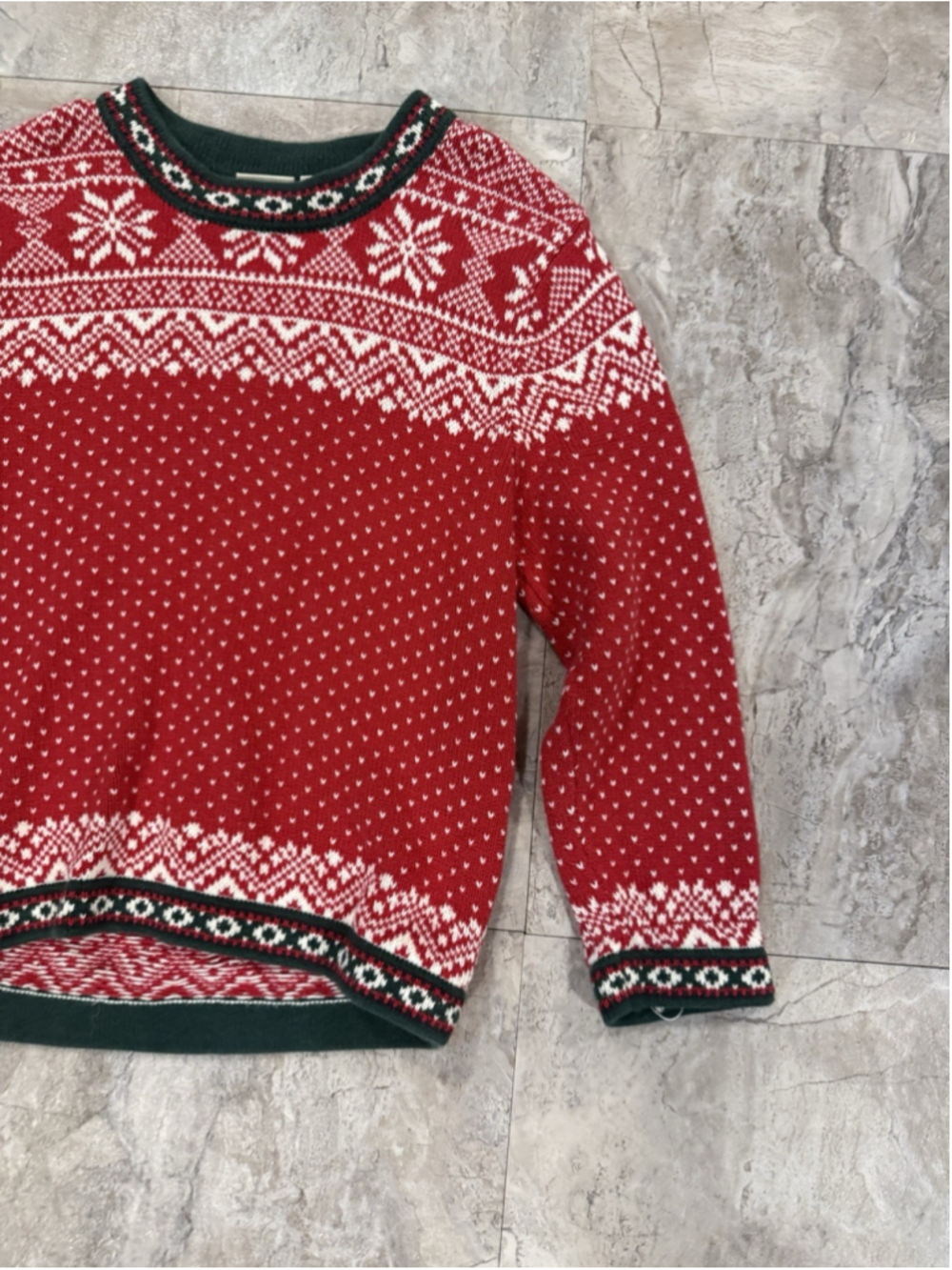LL Bean Kids Knit Sweater Nordic Fair Isle Red Sweater Boys L 6X/7 Cotton